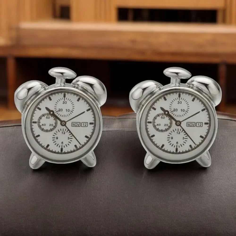 Vintage Alarm Clock Cufflinks Analog Twin Bell Silver Novelty Chronograph Formal